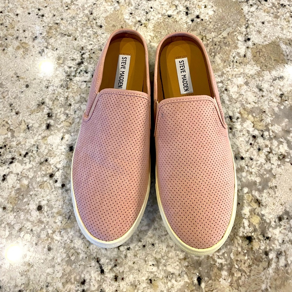 Pink leather tennis shoe mules.
